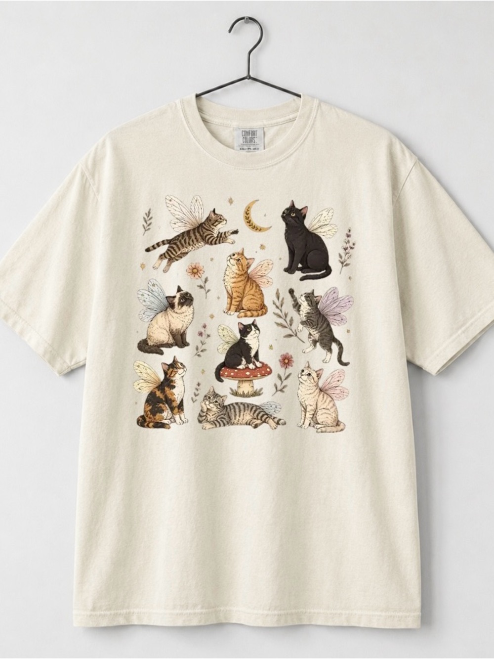 Comfort Colors Cream Cat Fairy Graphic Tee with Pastel Wings - Picture 2 of 2